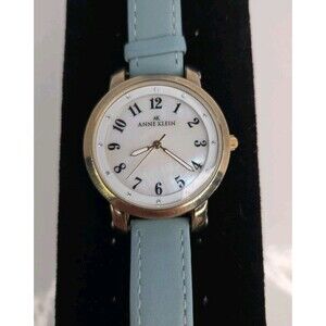 Anne Klien Watch Blue Leather Strap  White Pearled Face Silver/Gold Tone Accents